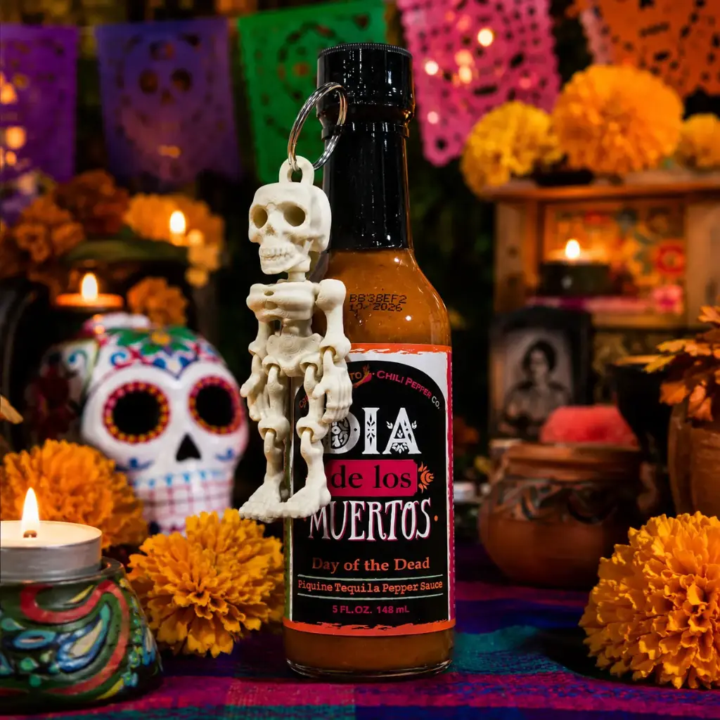 Captain Thom's Day Of The Dead Hot Sauce with 3D Skeleton Key Chain