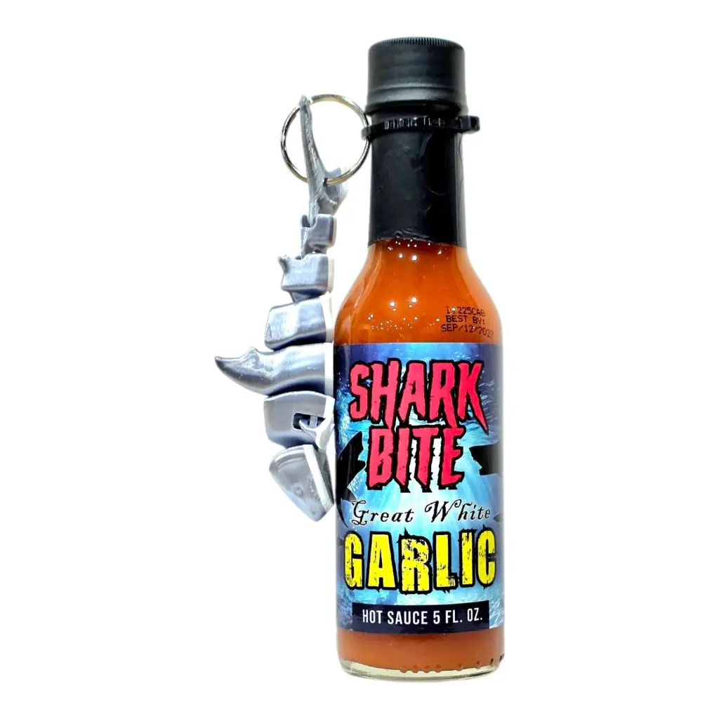 Shark Bite Great White Garlic Hot Sauce with Shark Keychain